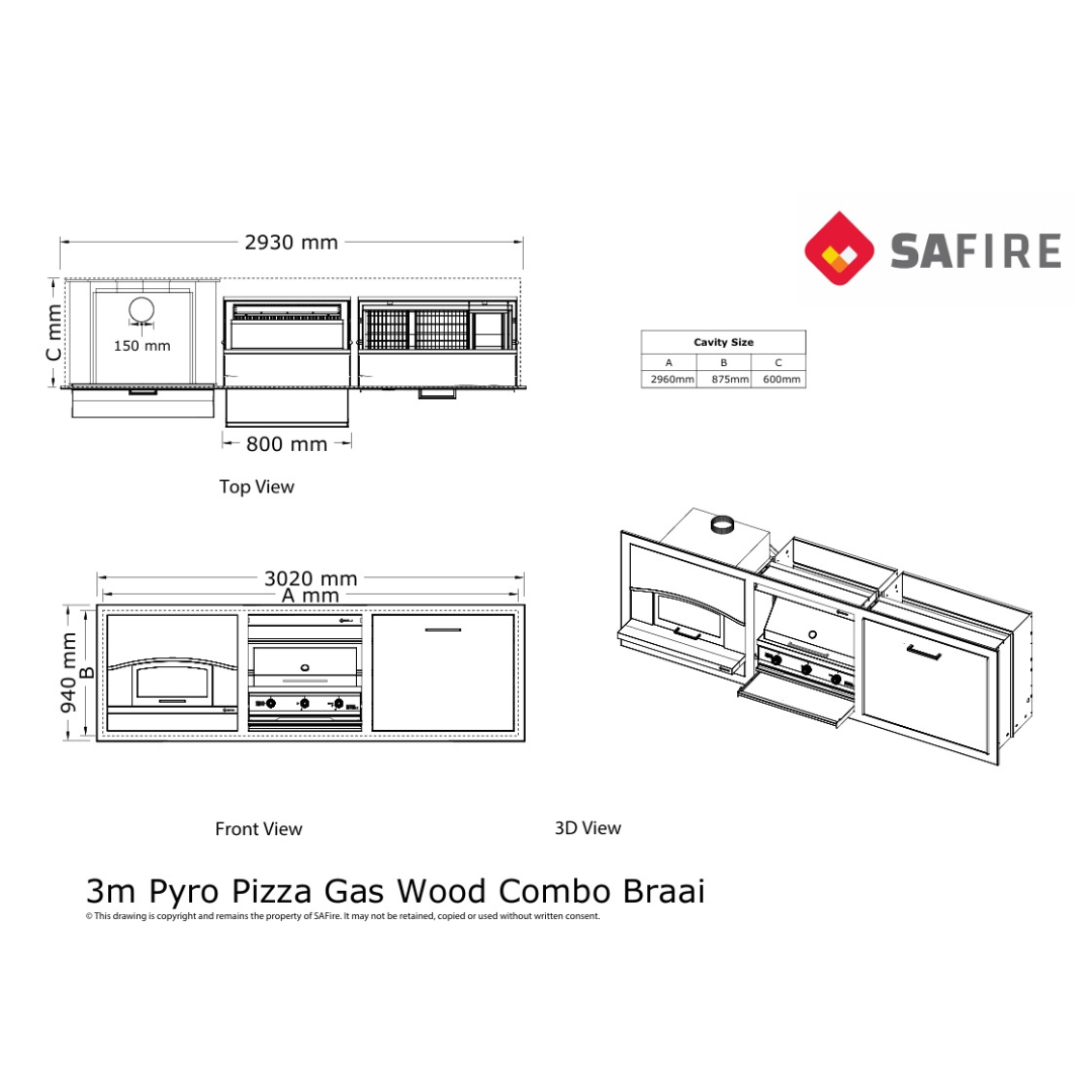 Gas insert braai body 2000mm stainless steel closed dome