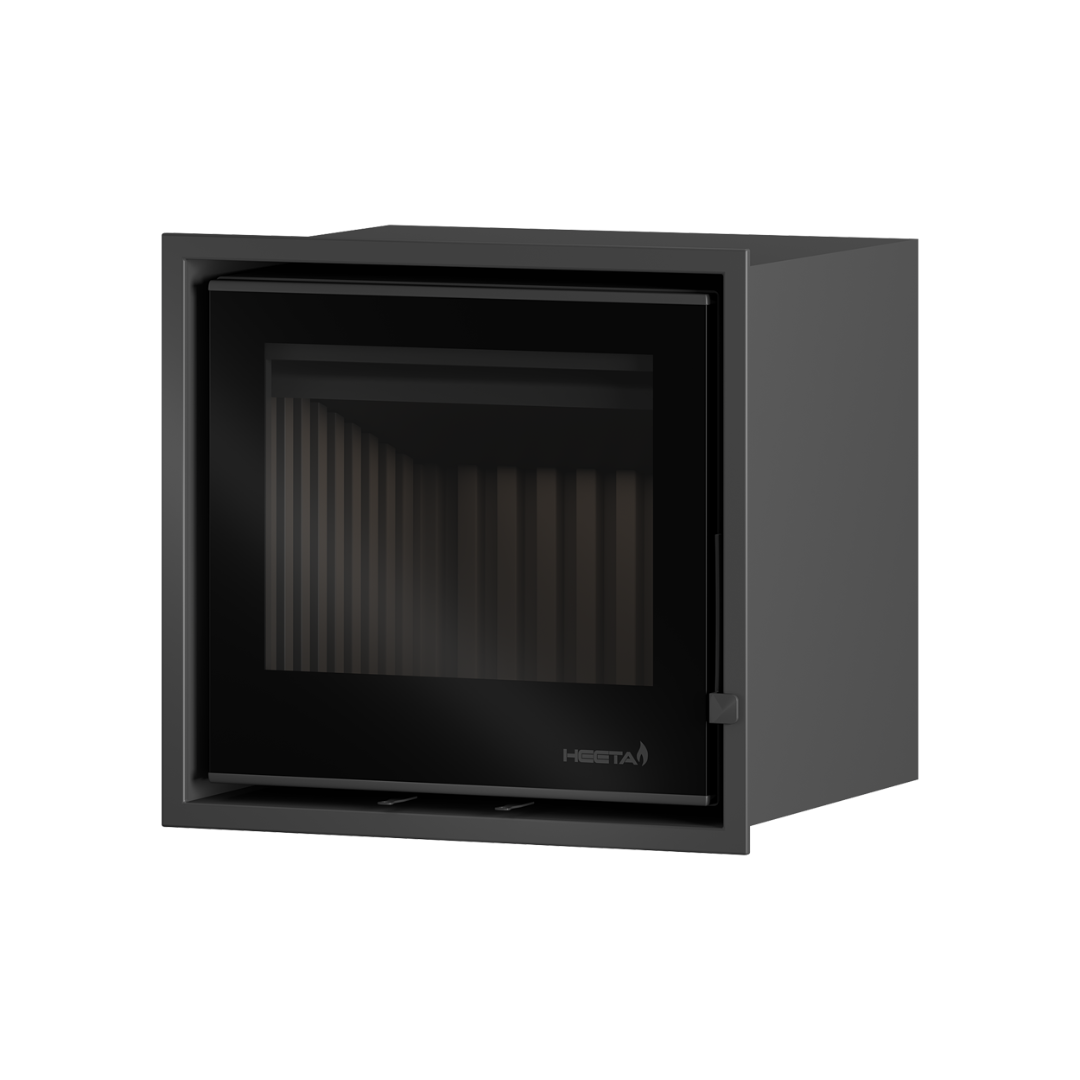 A black wood fireplace insert with a glass door and visible metal frame.