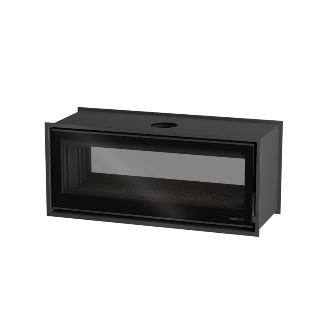 A black freestanding wood fireplace insert with a visible glass panel.