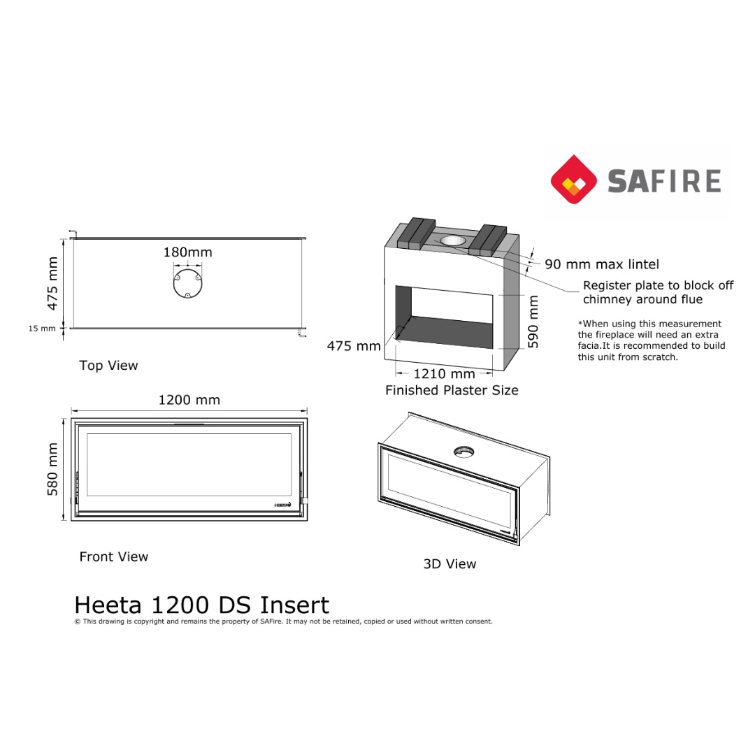 SAfire Heeta 1200 double sided wood fireplace insert technical diagram