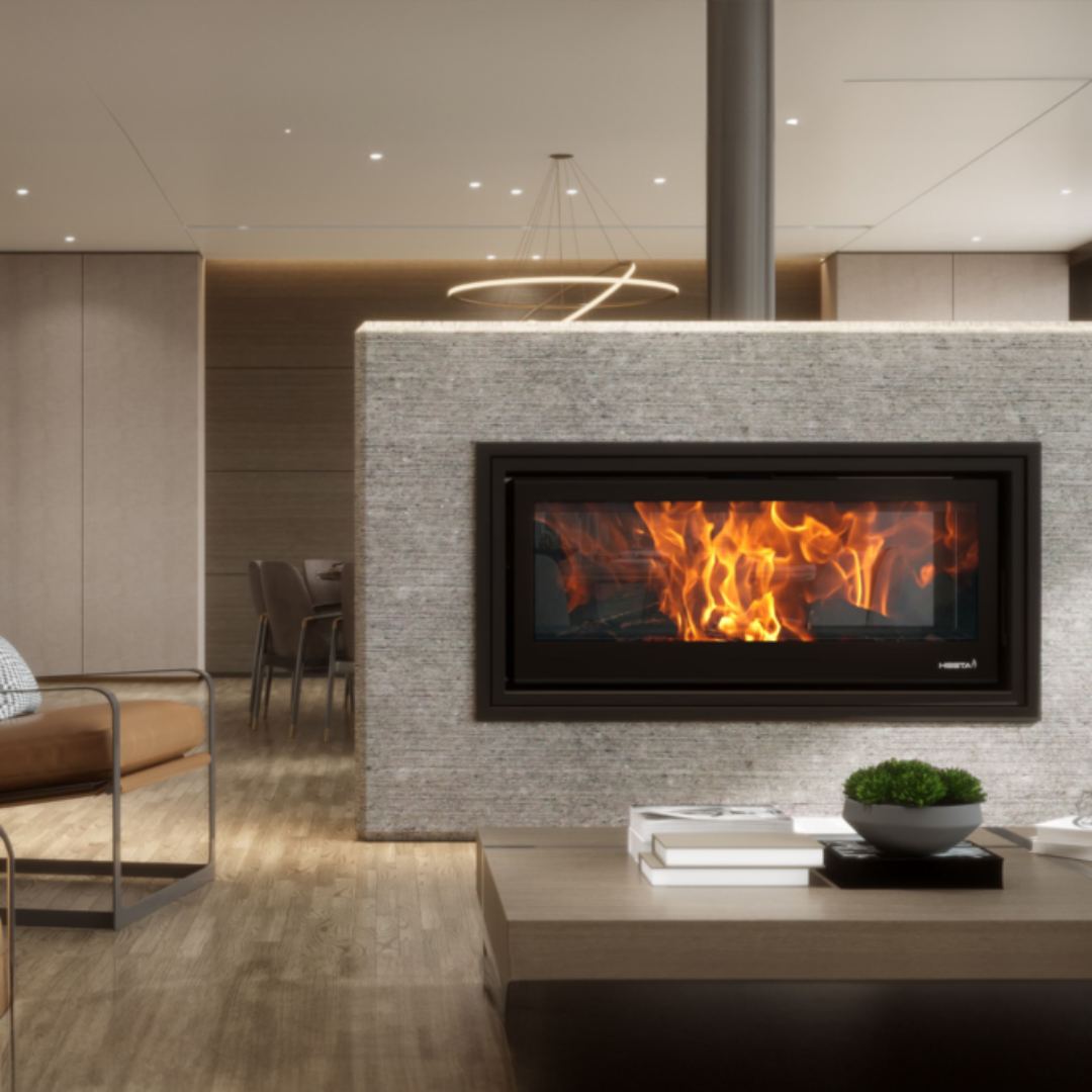 SAfire Heeta 1200 double sided wood fireplace insert lifestyle room setting