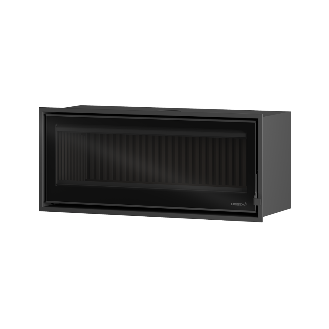 A black wood fireplace insert with visible glass and metal components.