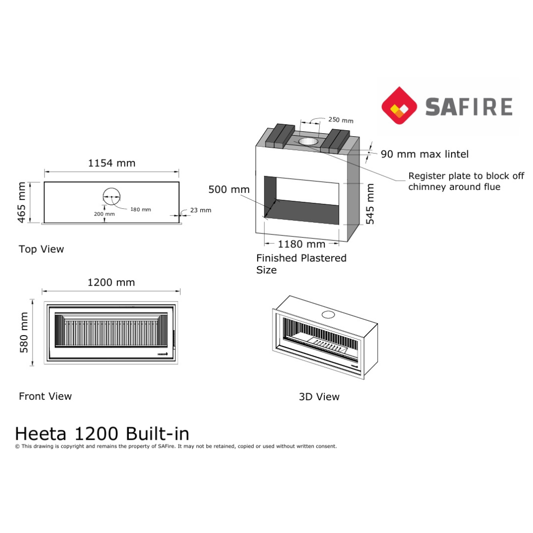 SAfire Heeta 1200 wood fireplace insert diagram with specs