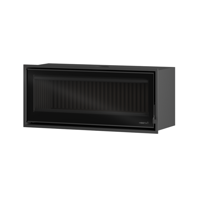 A black wood fireplace insert with visible glass and metal components.