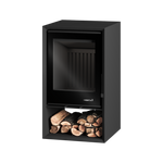 A black wood fireplace with a glass door and a log base, set against a white background.