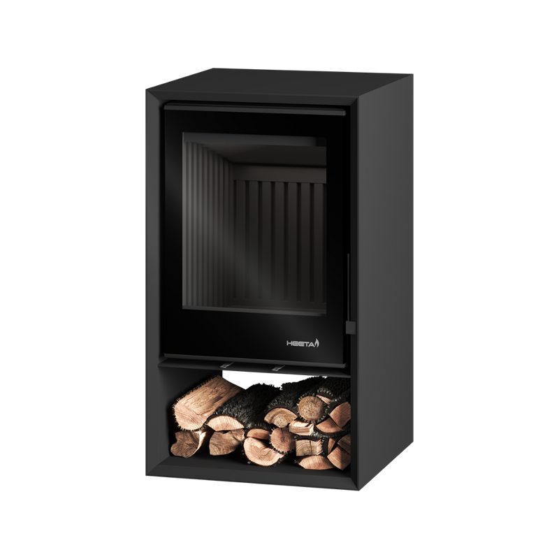 A black wood fireplace with a glass door and a log base, set against a white background.