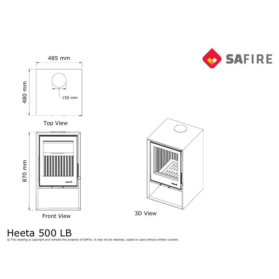 SAfire Heeta 500 log base wood fireplace technical diagram with dimensions and installation notes.