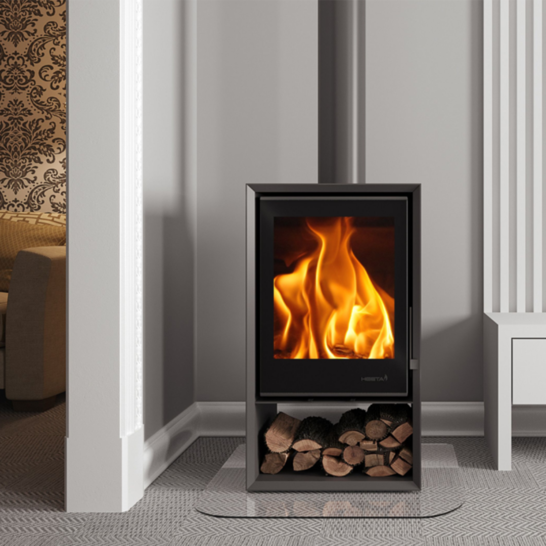 SAfire Heeta 500 wood fireplace with log base lifestyle photo