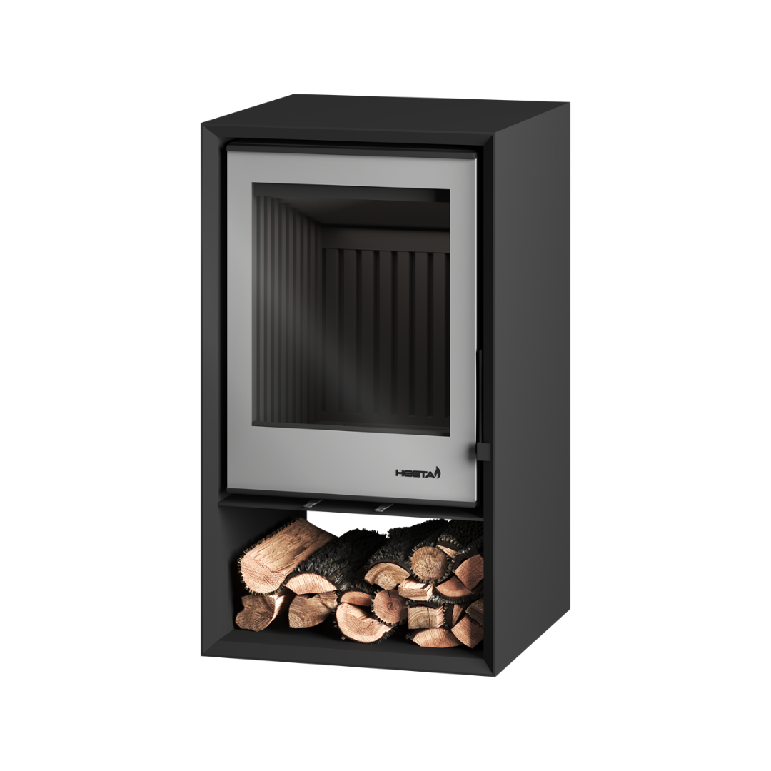Safire Heeta 500 white freestanding fireplace with integrated log storage base