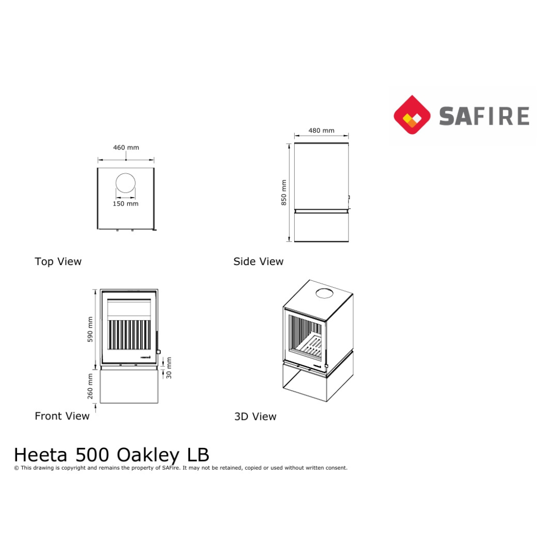 Technical diagram of SAfire Heeta 500 Oakley log base fireplace