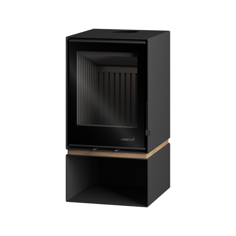 A black free-standing wood fireplace with a visible oakley log base.