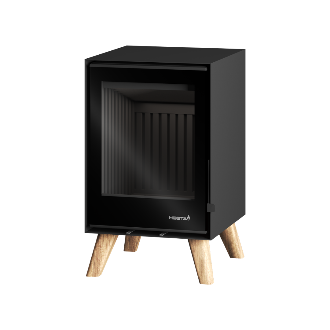 A black freestanding wood fireplace with a visible glass window and wooden legs.