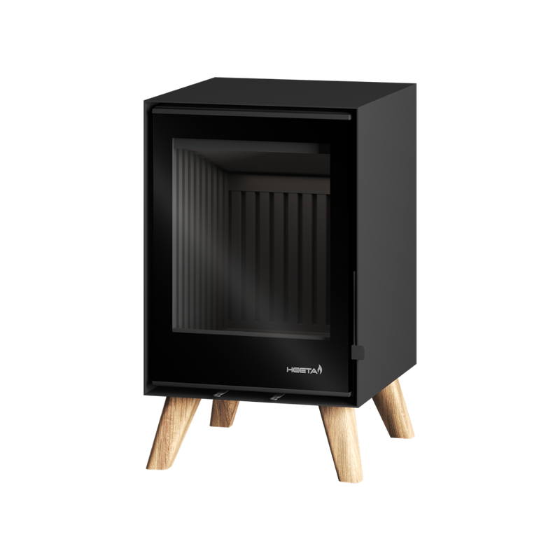 A black freestanding wood fireplace with a visible glass window and wooden legs.