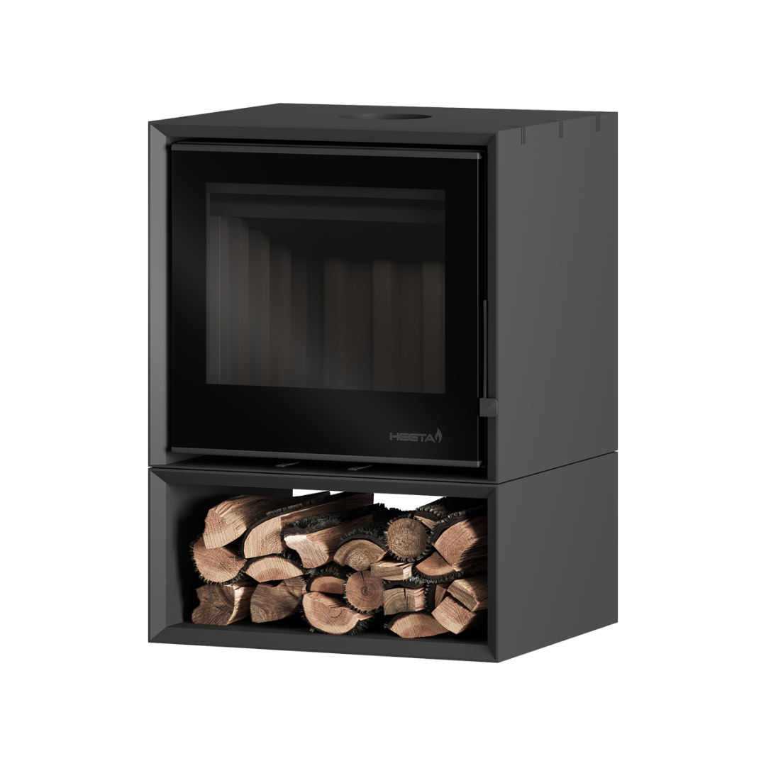 A black free-standing wood fireplace with a visible log base containing wooden logs.