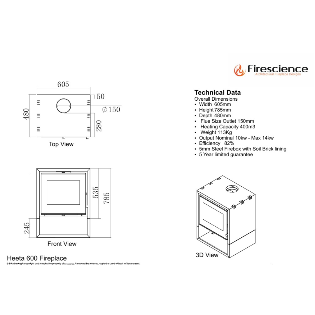 SAfire Heeta 600 log base wood fireplace installation diagram with clearances