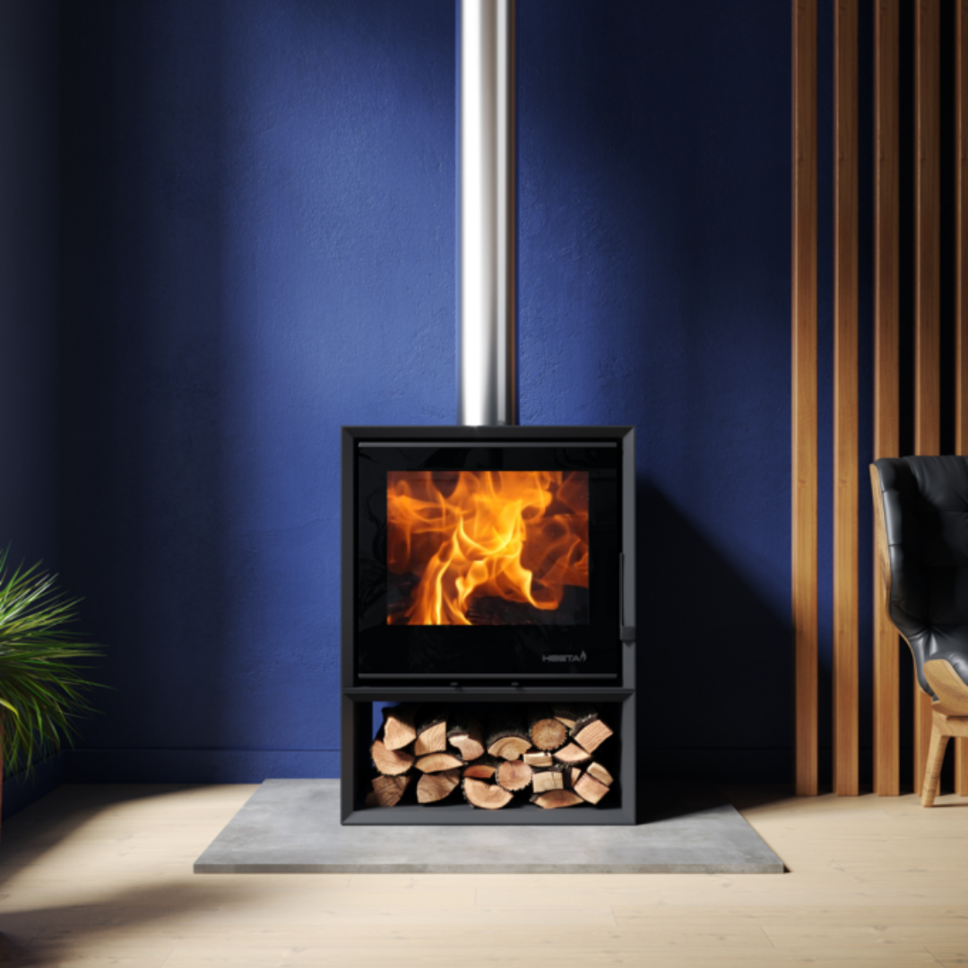 SAfire Heeta 600 log base wood fireplace lifestyle view