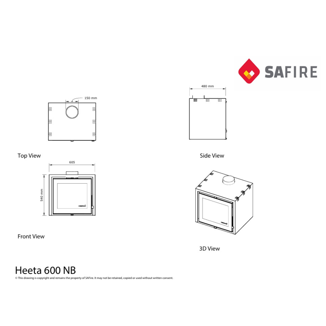 SAfire Heeta 600 wood fireplace wall mount diagram, dimensions and clearance.