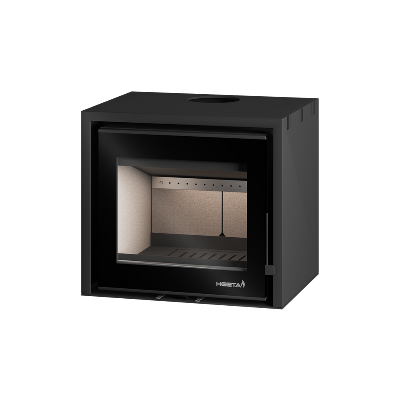 A black fireplace insert with visible glass and metal components inside.