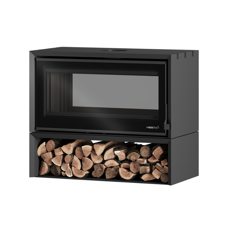 A black bevelled wood fireplace with a glass door and a log storage compartment beneath.