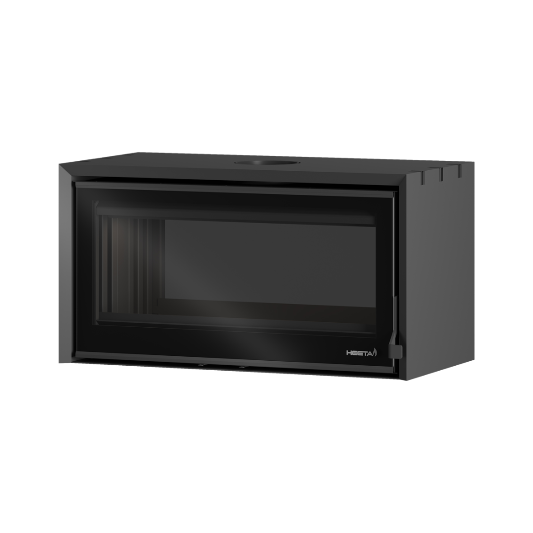 A black beveled wood fireplace insert with a clear glass window.