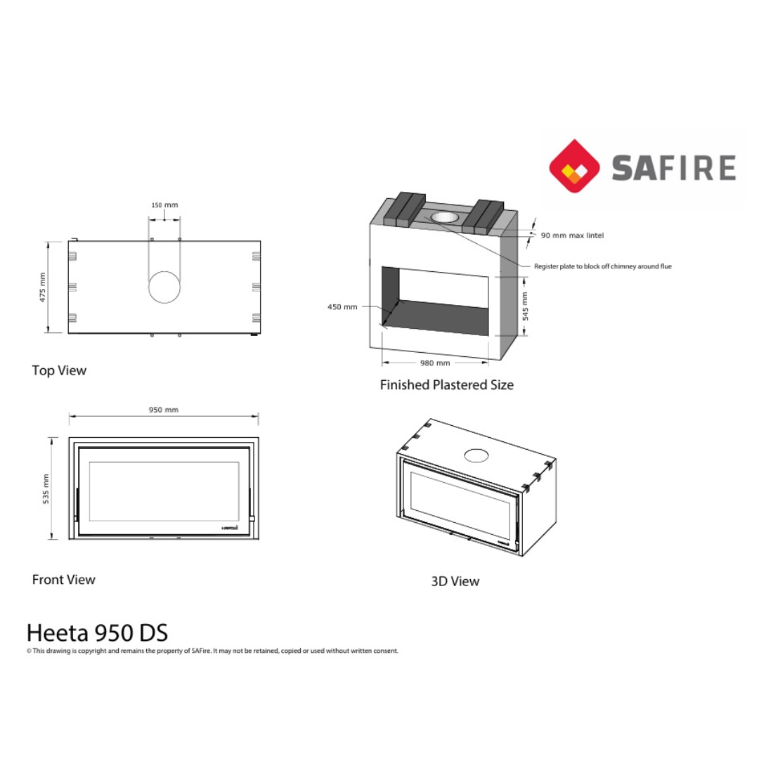 Technical diagram of Heeta 950 double-sided bevel fireplace