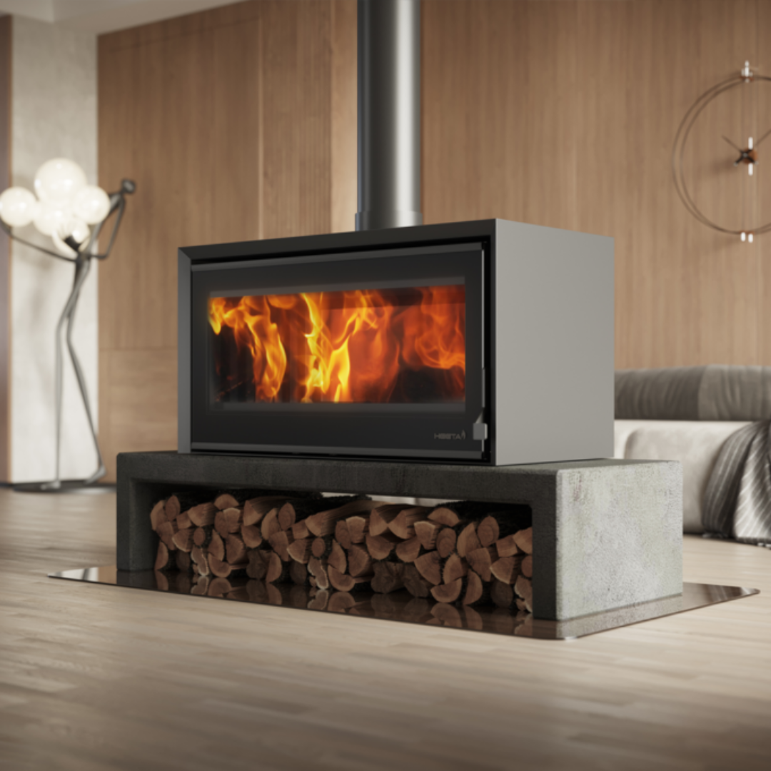SAfire Heeta 950 double sided bevel wood fireplace lifestyle interior photo