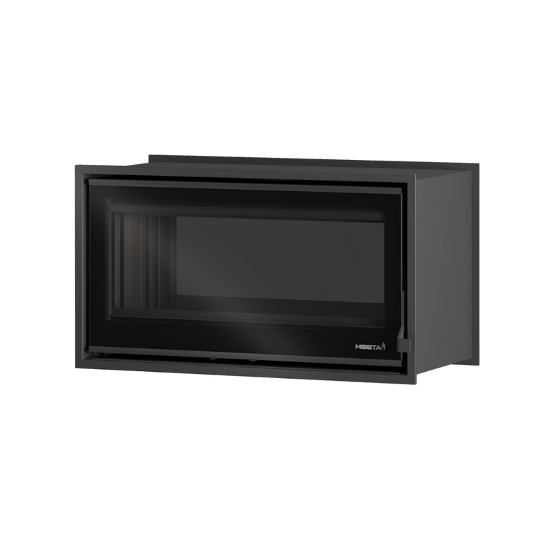 A black wood fireplace insert with a glass door.