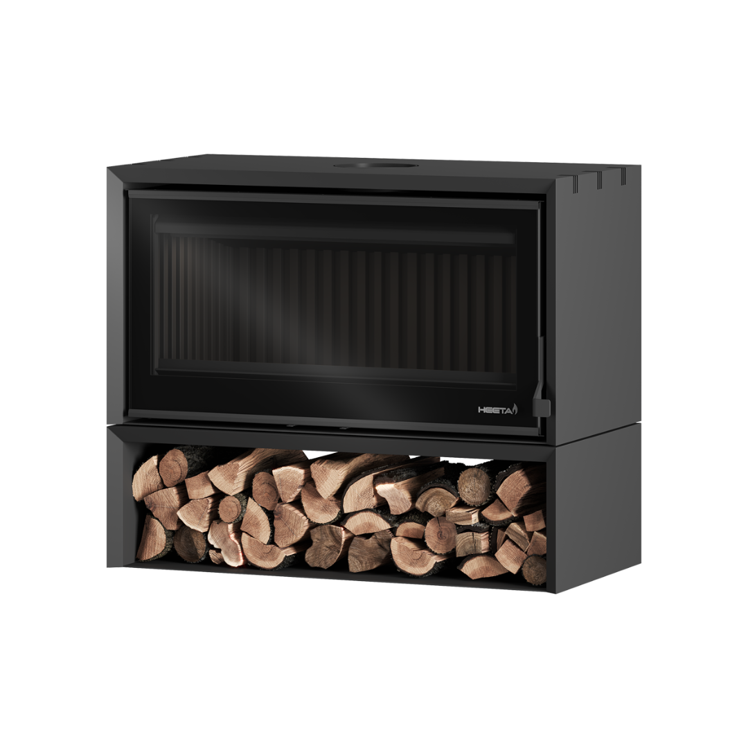 A black free-standing wood fireplace with a visible log base containing wooden logs.