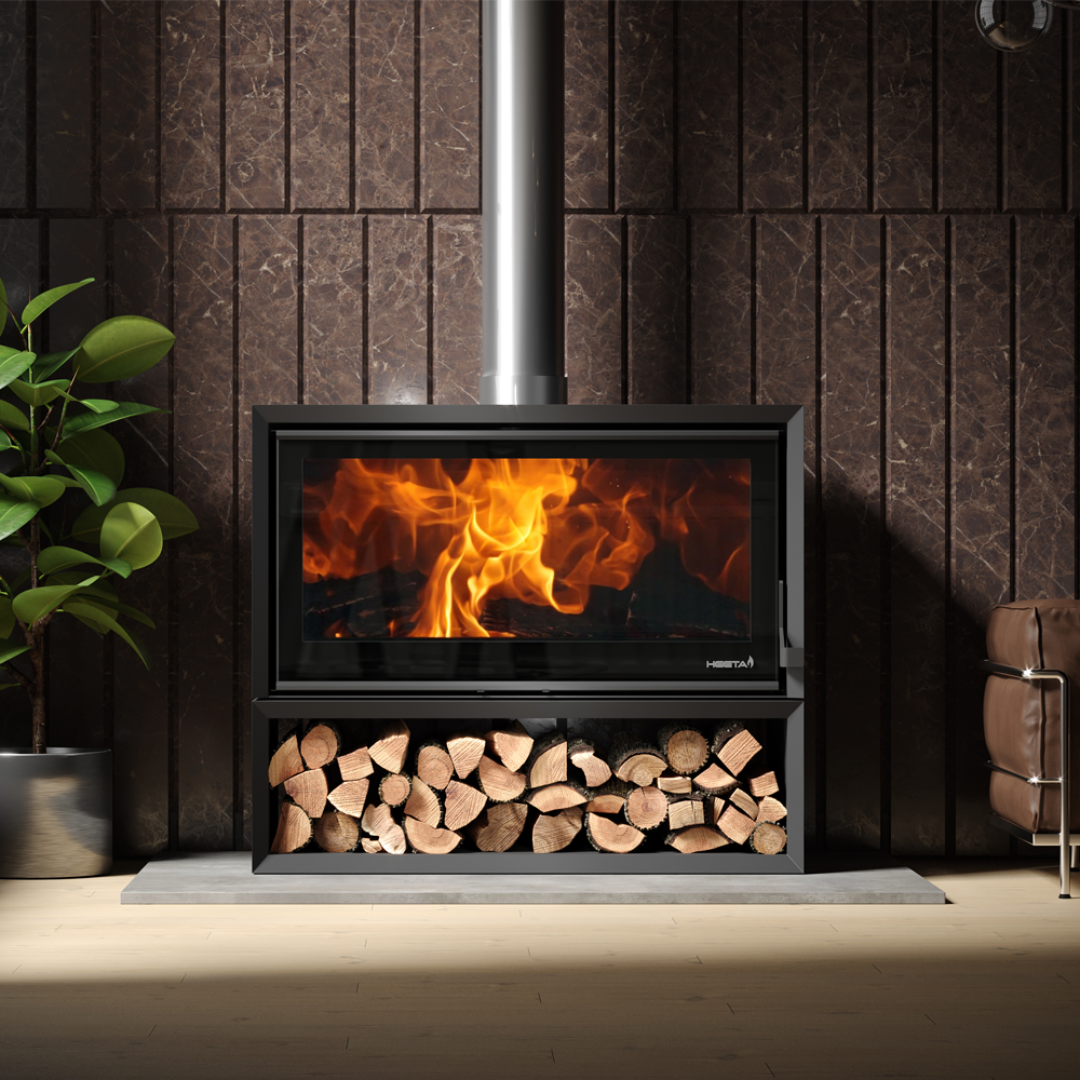 Heeta 950 log base bevel fireplace lifestyle living room