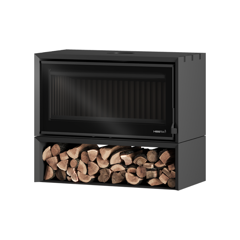 A black free-standing wood fireplace with a visible log base containing wooden logs.