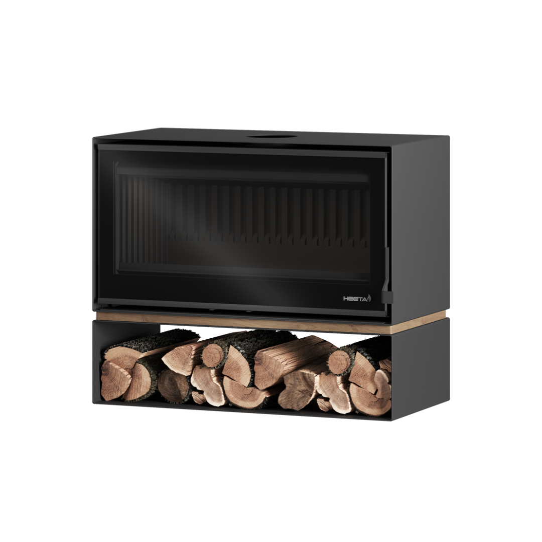 A black freestanding wood fireplace with a visible log base compartment filled with wood.