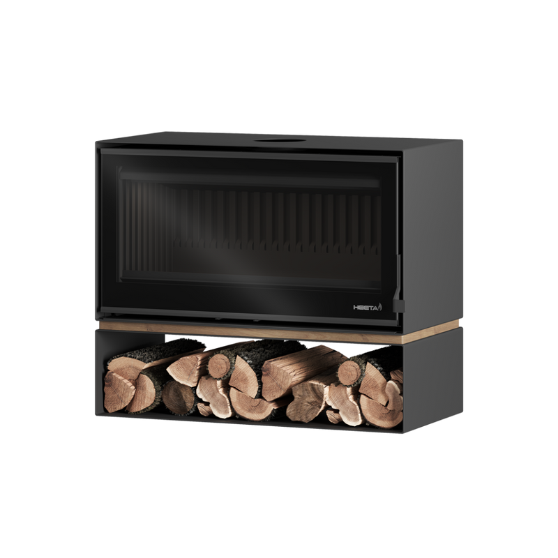 A black freestanding wood fireplace with a visible log base compartment filled with wood.