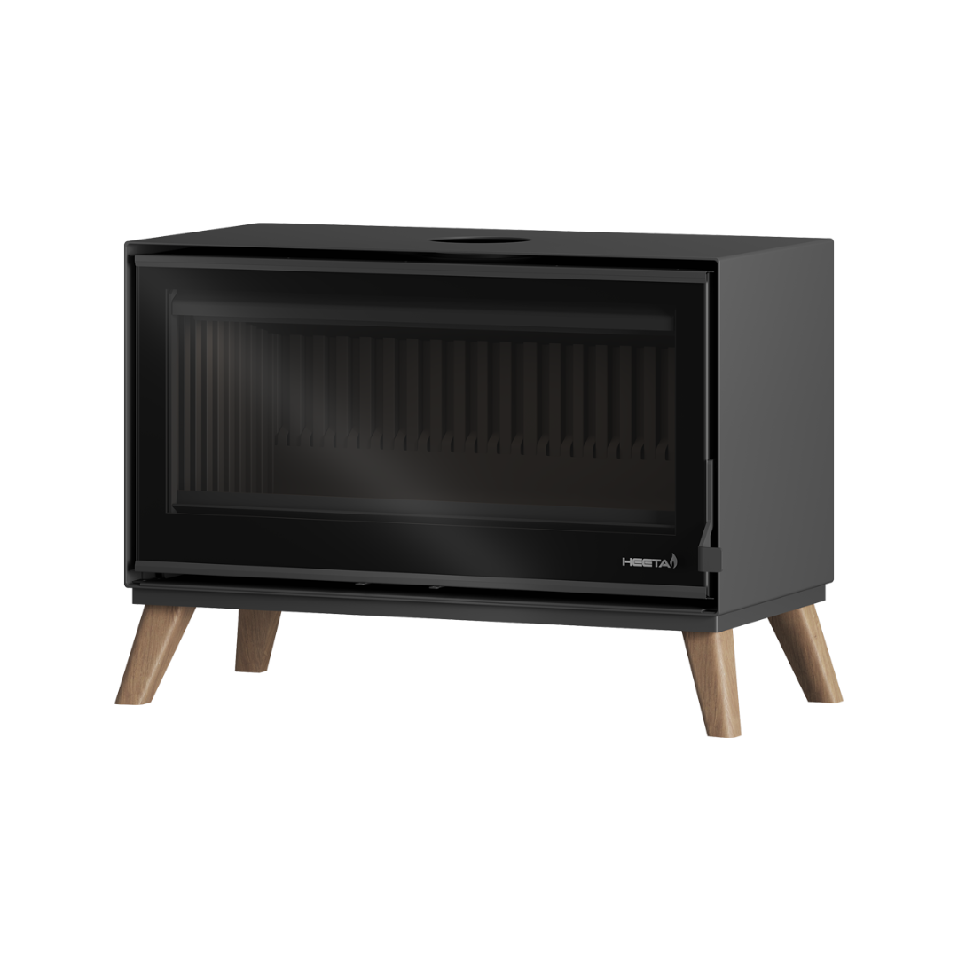 A black freestanding wood fireplace with a visible glass panel and wooden legs.