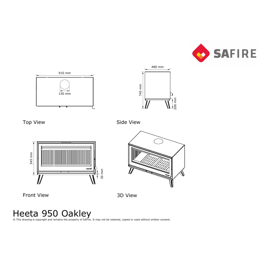 SAfire Heeta 950 Oakley wood fireplace technical diagram modern insert