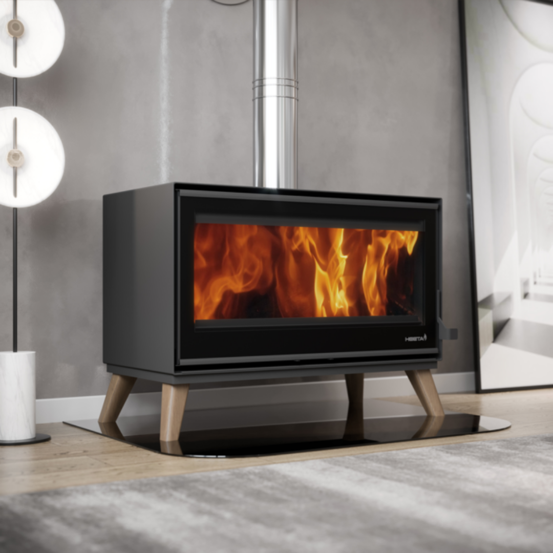 SAfire Heeta 950 Oakley log base lifestyle wood fireplace installation