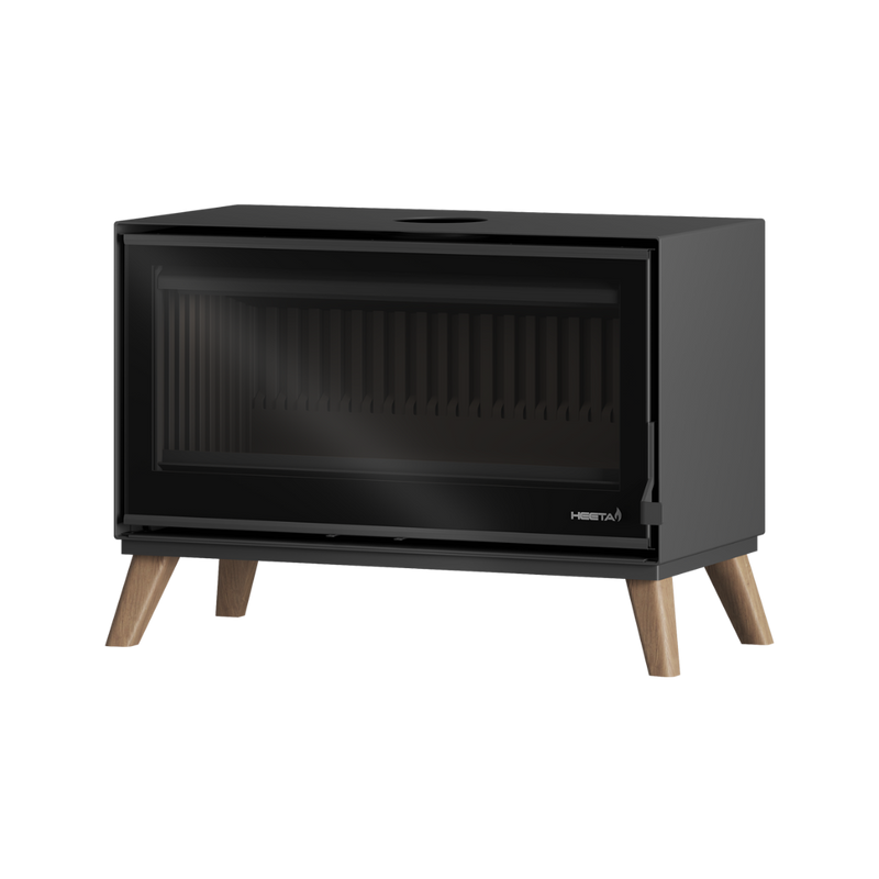 A black freestanding wood fireplace with a visible glass panel and wooden legs.