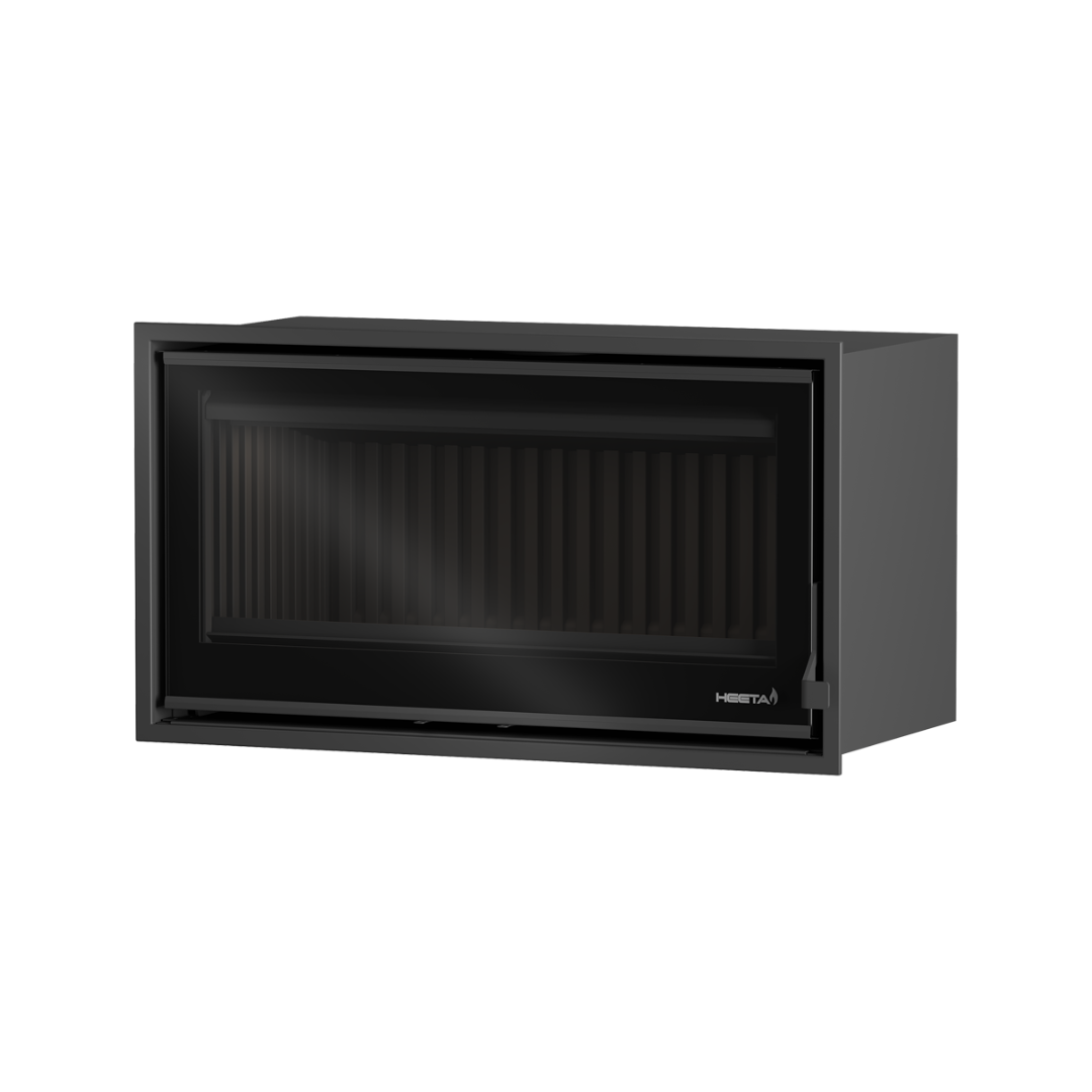 A black wood fireplace insert with a visible glass panel front.