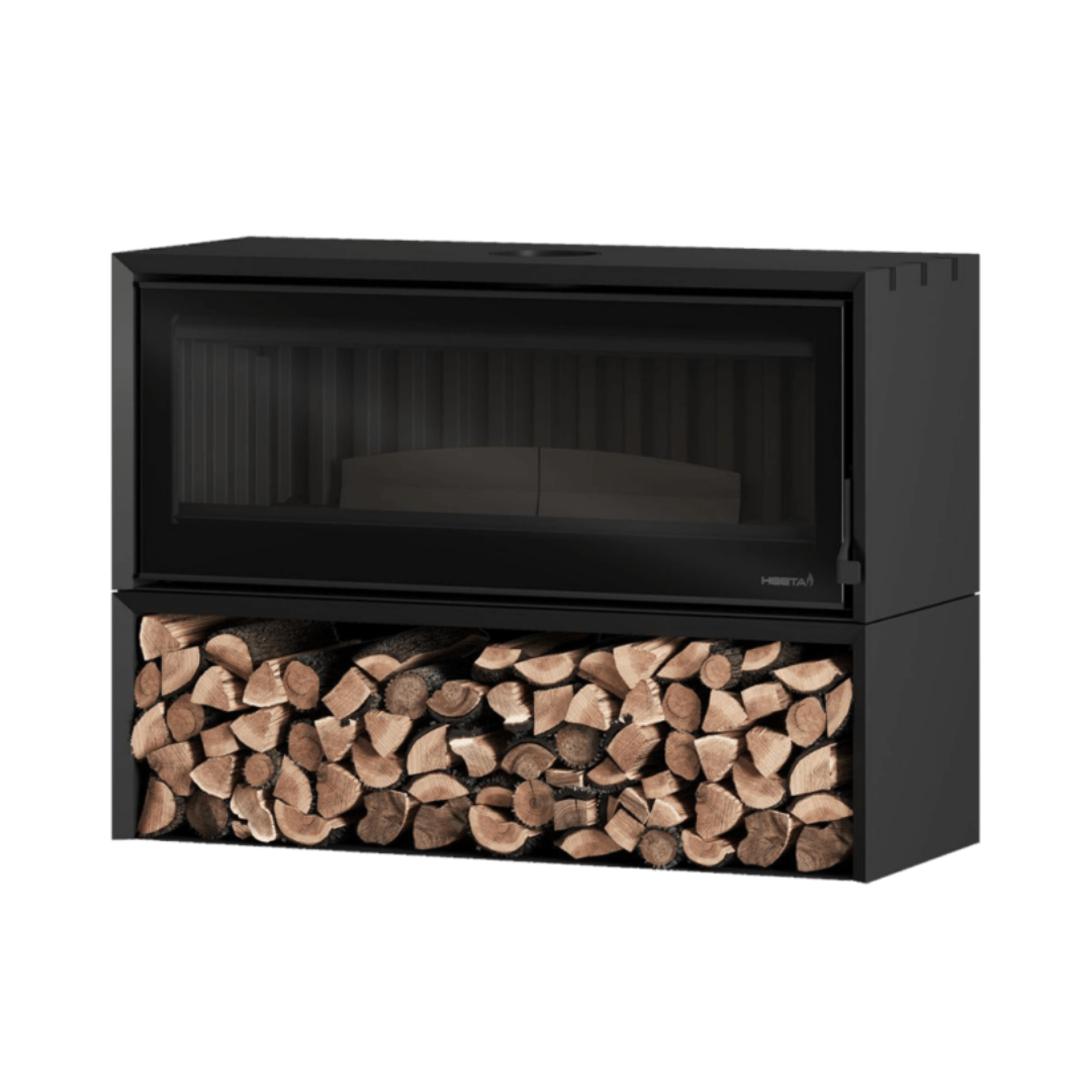 A black freestanding wood fireplace with a visible log box at the base, filled with wooden logs.