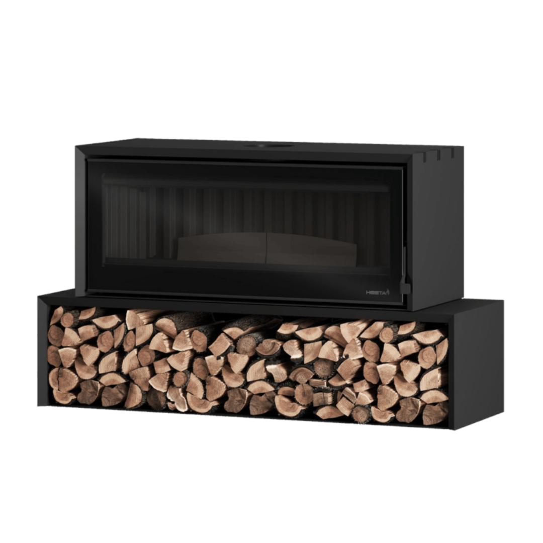 A black freestanding wood fireplace with a visible log box at the base, filled with wooden logs.