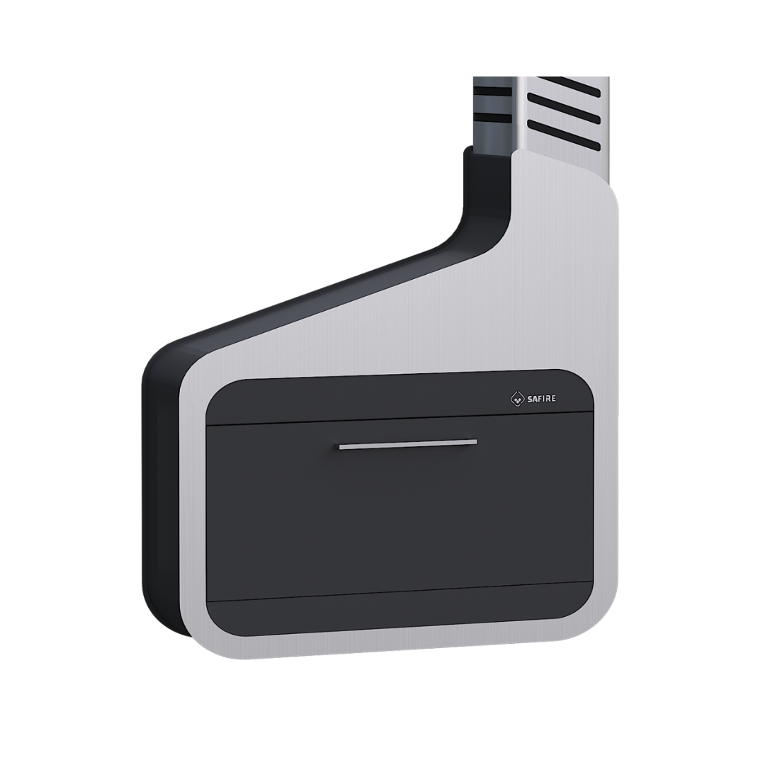 A silver-colored outdoor fireplace insert designed for wood burning, with visible flue and controls.