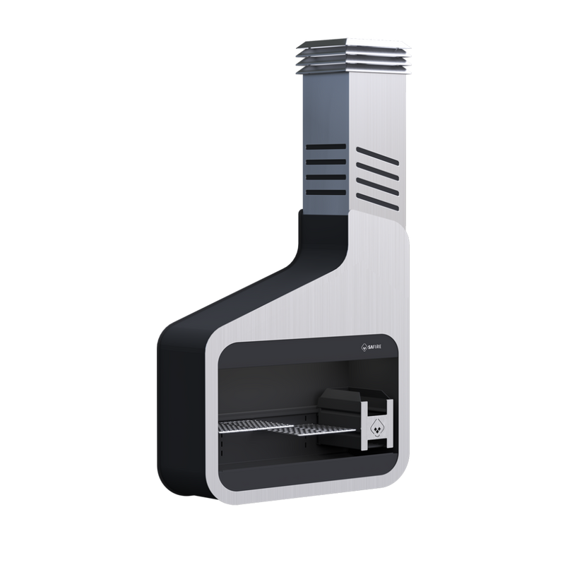 A silver-colored outdoor fireplace insert designed for wood burning, with visible flue and controls.