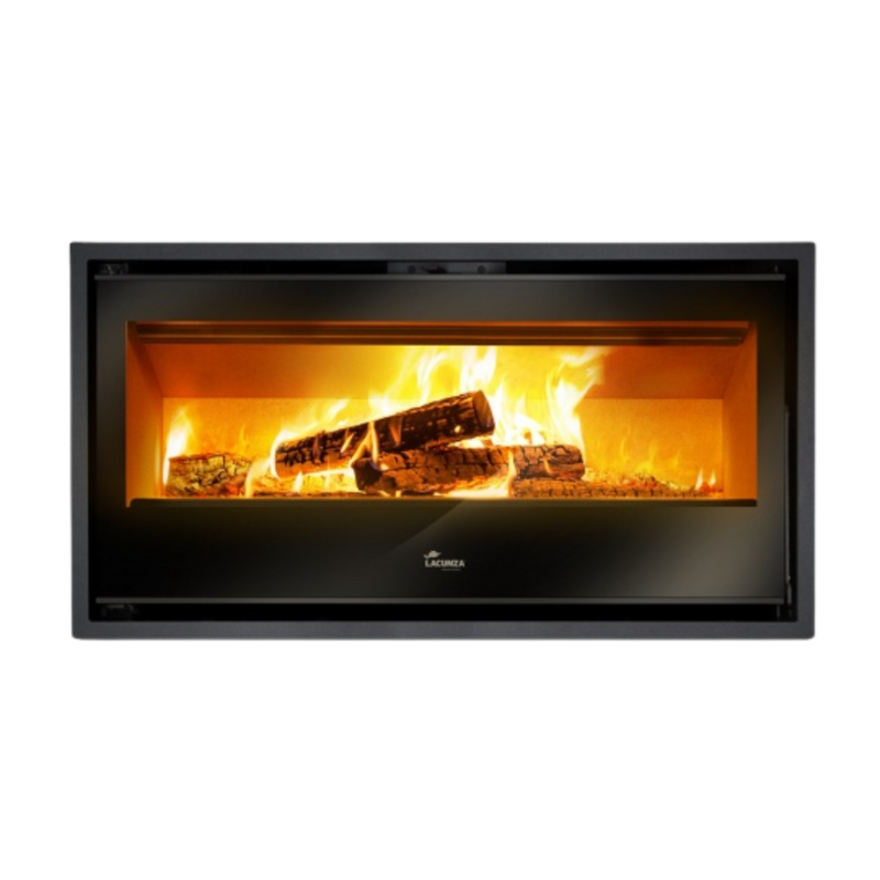A silver-colored built-in fireplace insert with a visible flame and artificial logs, surrounded by a black frame.