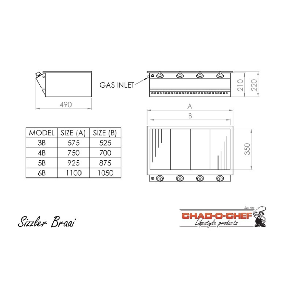 Sizzler braai specification drawing with measurements and cutout sizes for built-in installation.
