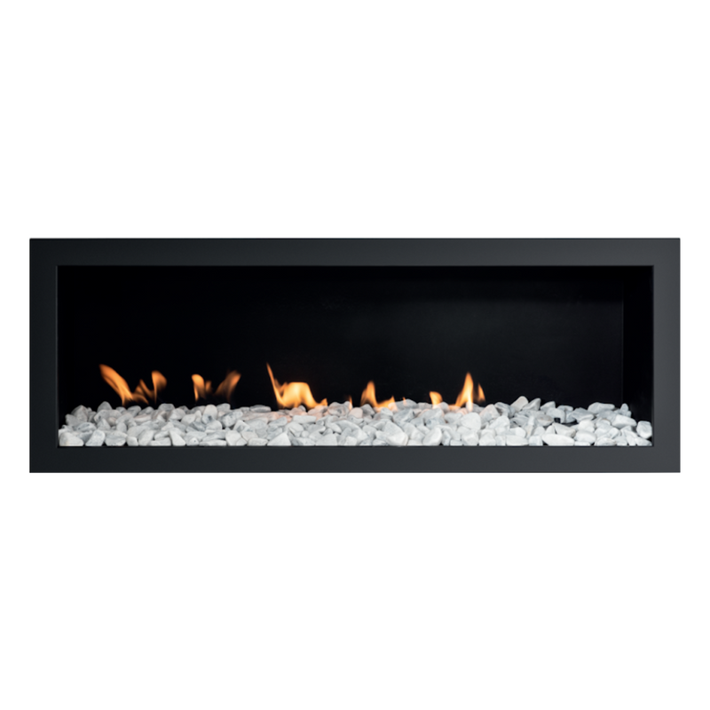 A double-sided INFINITI SLIMLINE 1400 gas fireplace insert with a custom frame, showcased in a room setting with artwork above it.