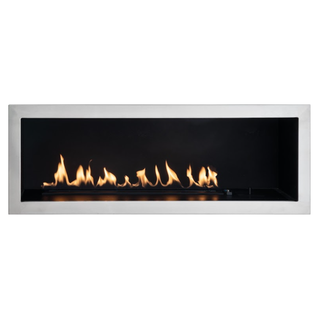 A double-sided INFINITI SLIMLINE 1400 gas fireplace insert with a custom frame, showcased in a room setting with artwork above it.