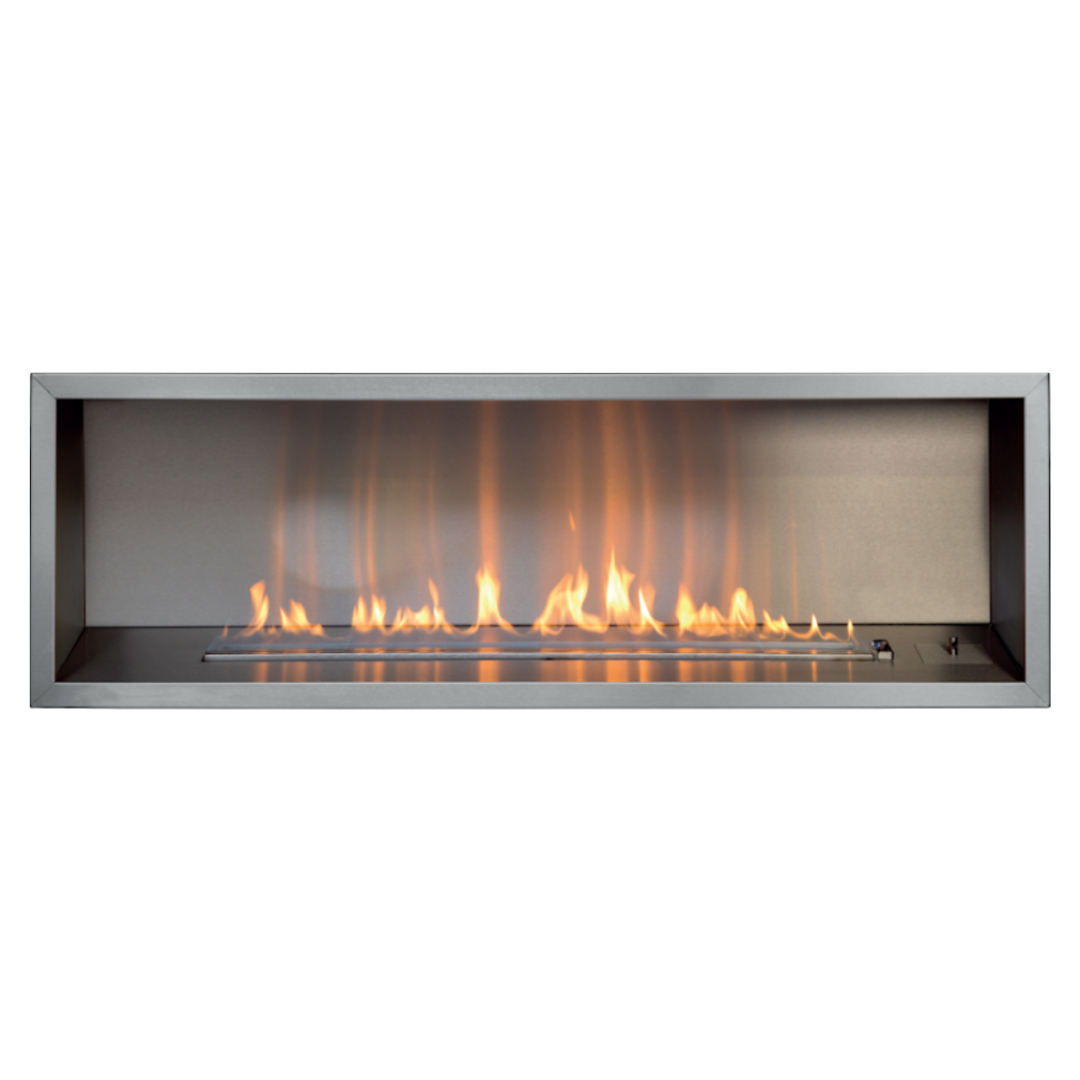 Infiniti Slimline 1000 with stainless rim, sleek trim for linear gas fireplace.