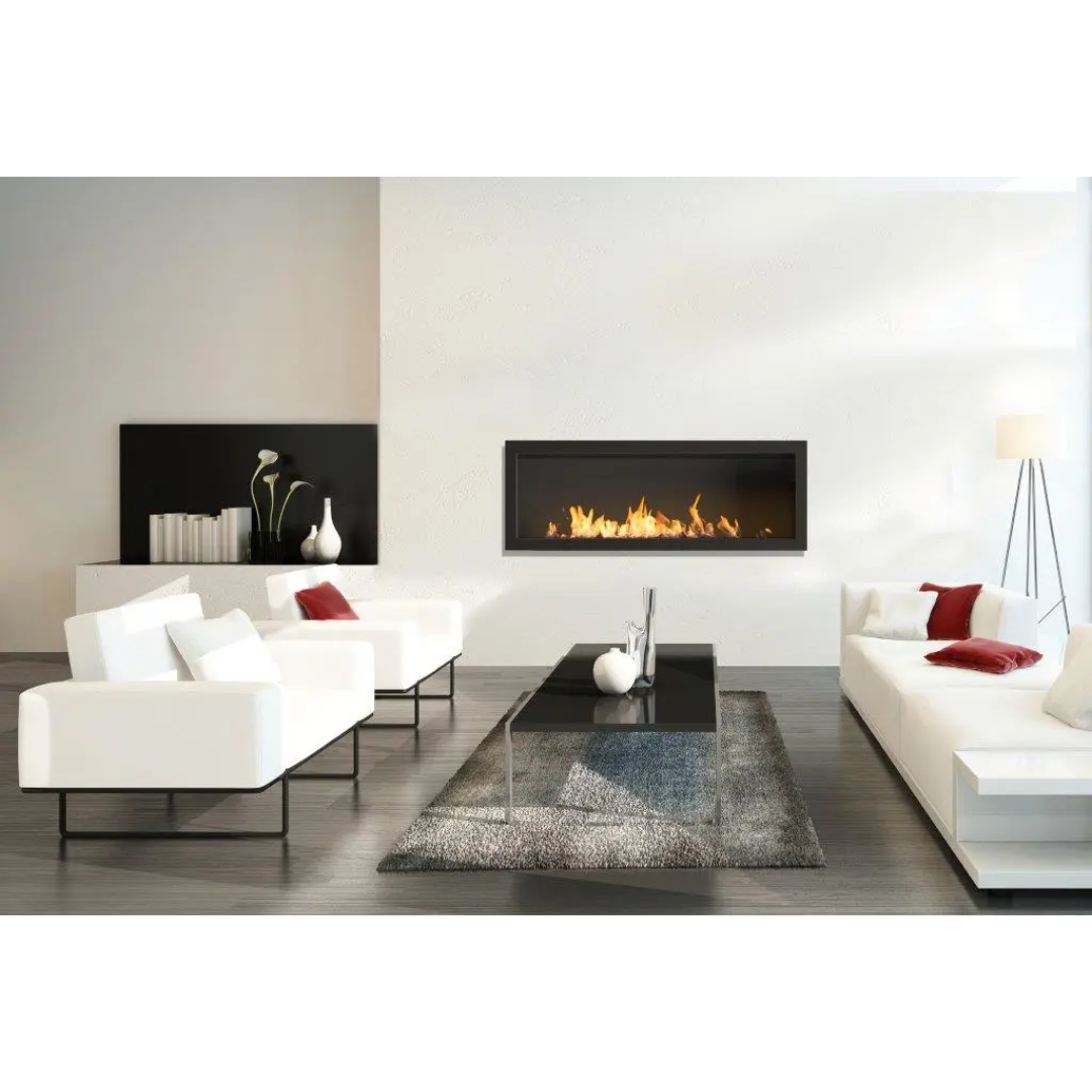 A modern living room with a single-sided electric fireplace insert, surrounded by a white sofa, black coffee table, and a light grey area rug.