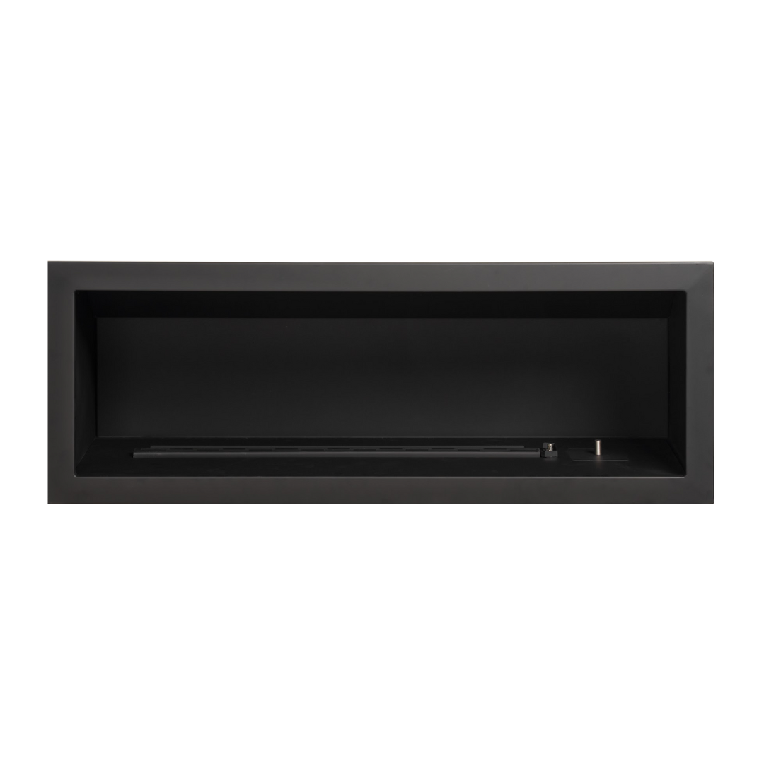 A modern living room featuring a double-sided fireplace with a marble surround, Insert visible with a warm fire glow, seating arrangement, and a decorative chandelier above.