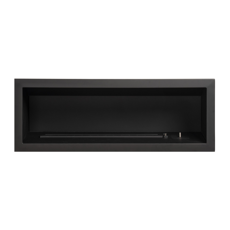 A modern living room featuring a double-sided fireplace with a marble surround, Insert visible with a warm fire glow, seating arrangement, and a decorative chandelier above.