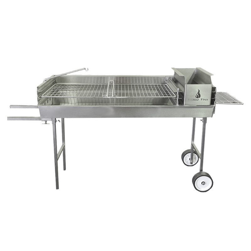A portable 304 stainless steel braai (grill) mounted on a wheeled trolley, featuring a stainless-steel grid and worktop with hooks.